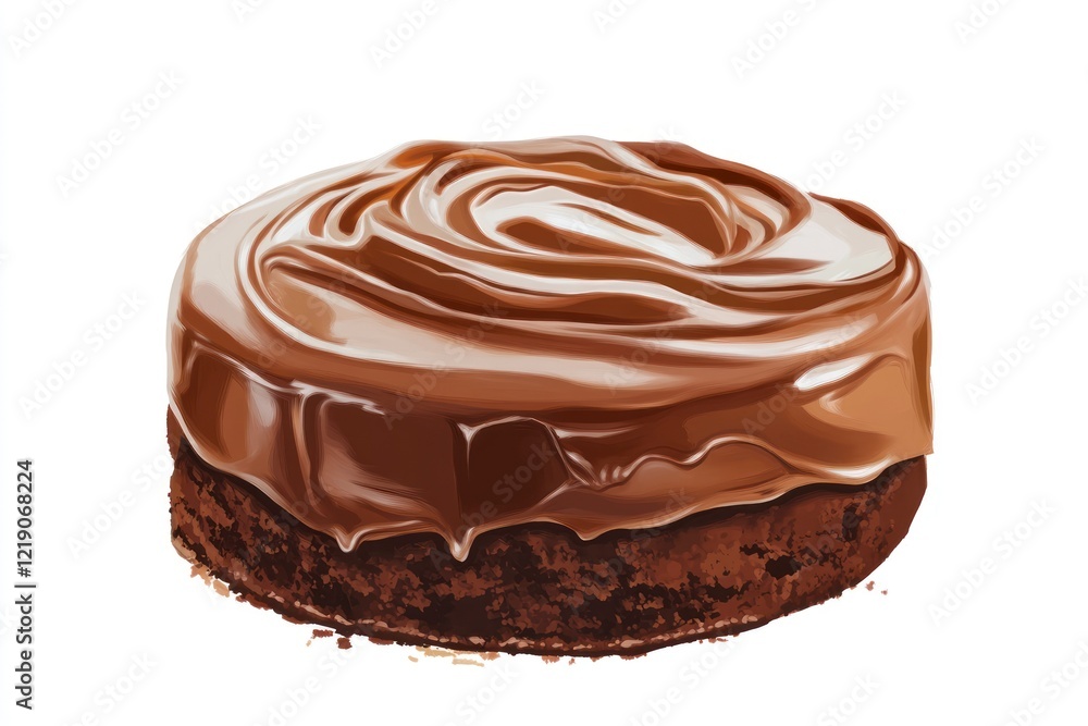 Poster a simple chocolate cake with layers of rich, creamy frosting and delicate swirled patterns on top, i