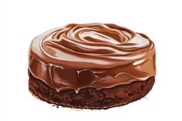 A simple chocolate cake with layers of rich, creamy frosting and delicate swirled patterns on top, isolated against a white background. 