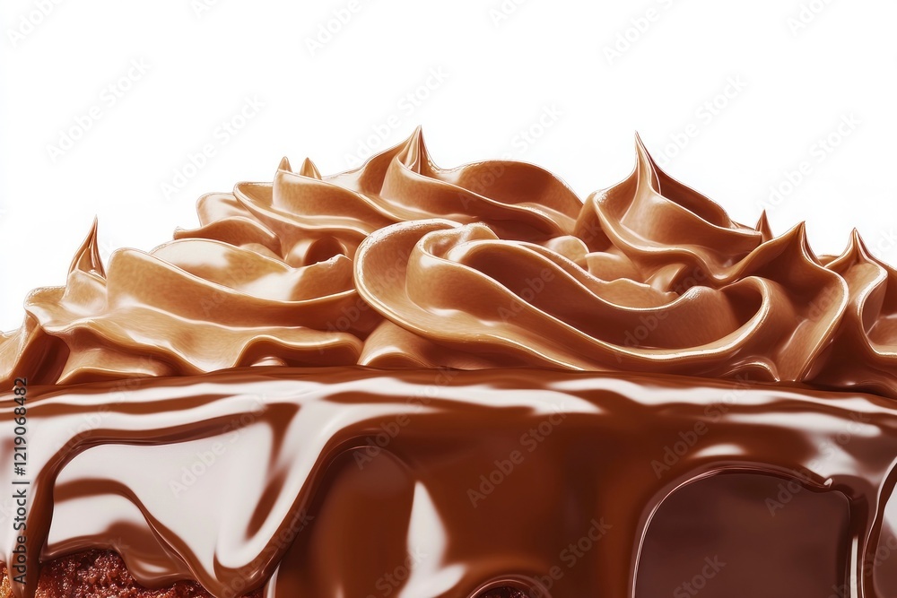 Poster a simple chocolate cake with layers of rich, creamy frosting and delicate swirled patterns on top, i