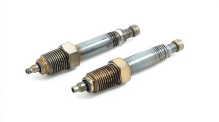 A set of engine spark plugs on a white isolated background