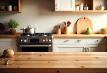 A wooden kitchen countertop in the foreground with a blurred background featuring a stove, pots, and kitchen utensils on shelves. The kitchen has a modern design with light-colored cabinets and a wood