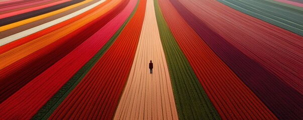 Fototapeta premium Walking Through Colorful Tulip Fields Netherlands Aerial Photography Vibrant Landscape Scenic View Nature's Beauty