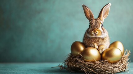 Cute Easter bunny  sits in nest with golden eggs for spring celebration