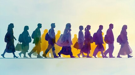 Obraz premium Refugees and immigrants looking for a new life expectancy. Column of migrants crossing desolate lands. Silhouette. Ai generative