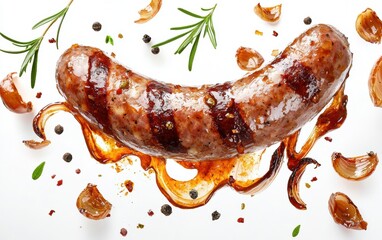 A juicy beef sausage flying through a thick, tangy Worcestershire sauce wave, surrounded by floating caramelized onions and rosemary sprigs, on a bright white surface