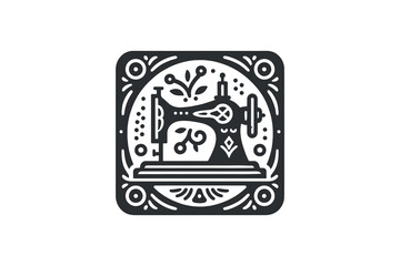 Ornate sewing machine vector illustration with floral details, logo, emblem