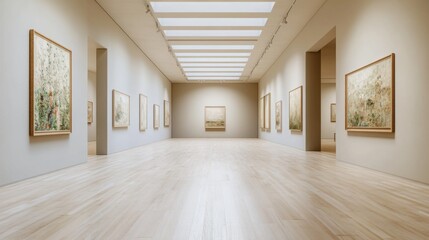 Obraz premium Spacious Art Gallery with Framed Pictures on Minimalist Walls and Natural Light Streaming Through Skylights