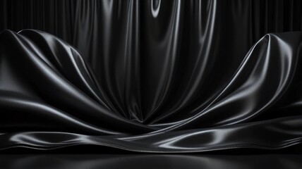Black silky fabric with shiny waves for product placement, creative product display backdrop. Luxury product placement scene