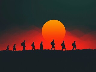 Refugees and immigrants looking for a new life expectancy. Column of migrants crossing desolate lands. Silhouette. Ai generative