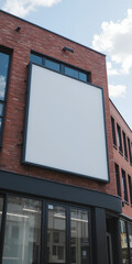 Blank white mockup frame billboard on a red brick building, and geometric facade for professional ads template