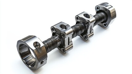 A close-up of an engine crankshaft with connecting rods on a white isolated background