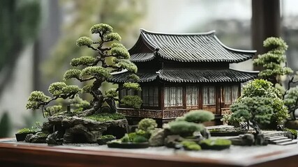 Miniature Chinese Garden with Bonsai Trees and Pagoda - Powered by Adobe