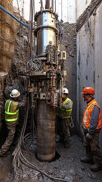 Construction Workers Operating High-Tech Machinery in Deep Excavation Site for Drilling Process