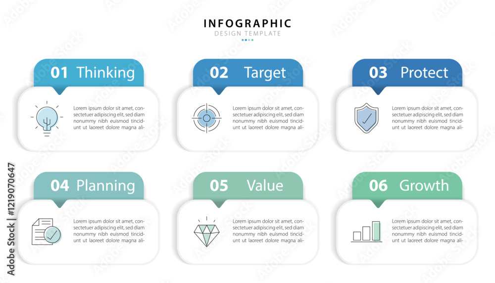 Leinwandbilder Infographic template. 6 Step timeline journey, Flat simple infographics design template. presentation graph. Business concept with numbers 6 options or steps vector illustration.