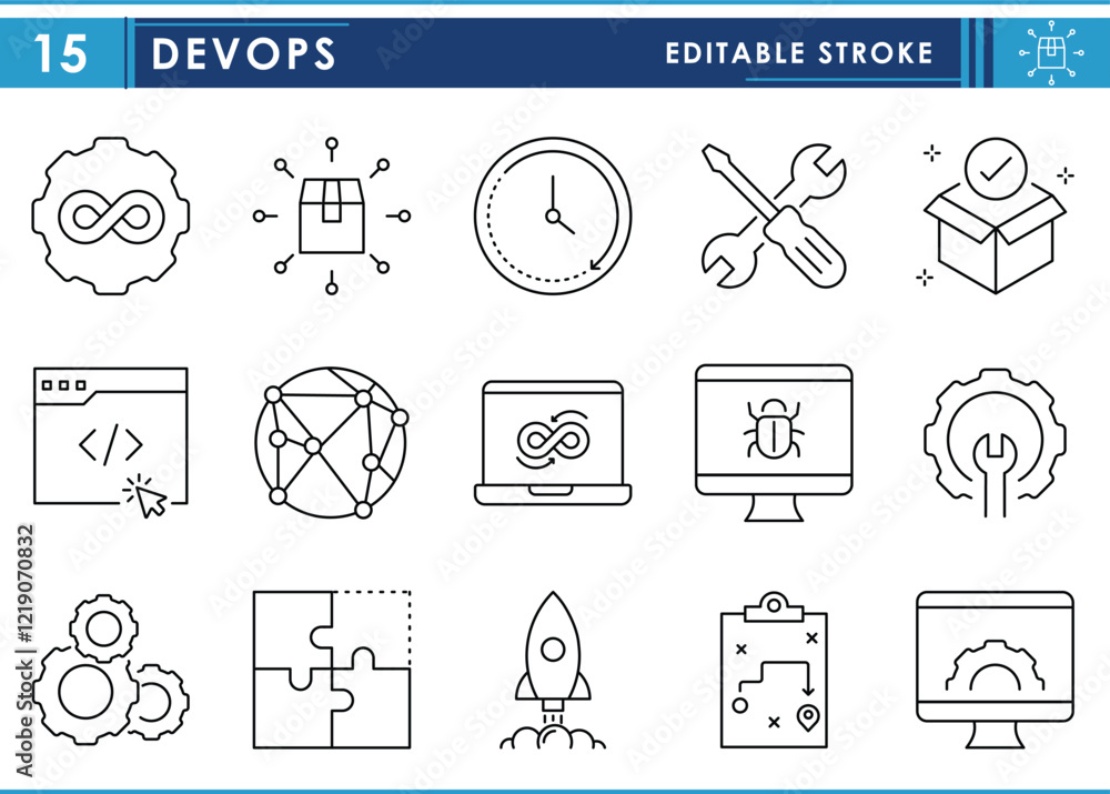 Poster a set of line icons related to devops. developer and operations. gear, computer, clock, digital, bug