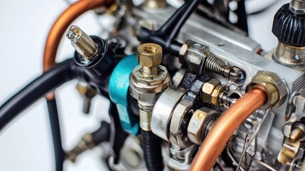 A close-up of an engine fuel pump with pipes and fittings on a white isolated background