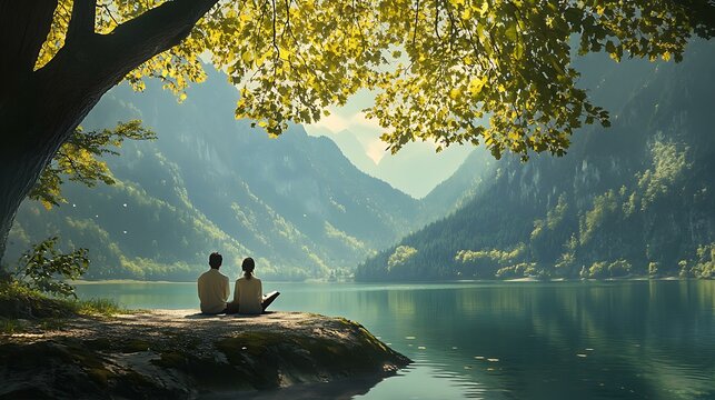 A couple praying together at a serene lakeside, showcasing devotion and love