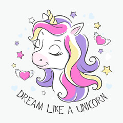 Animal print for clothes and fabric on a white background. Fashionable cute unicorn. Cartoon character.