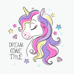 Animal print for clothes and fabric. Fashionable cute unicorn. Cartoon character. white