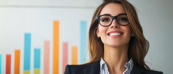 Confident Businesswoman Smiling in Front of Digital Visuals, Showcasing Data Analytics and Professionalism in a Modern Office Setting