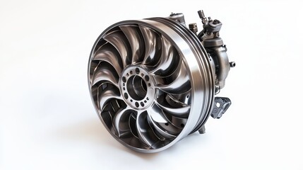 A close-up of a turbocharger compressor wheel and turbine on a white isolated background