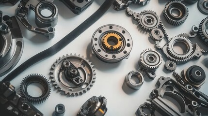 Obraz premium A set of car engine timing belt pulleys and tensioners on a white isolated background