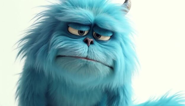 Indecisive cute blue fuzzy monster on white background, camera zooming in