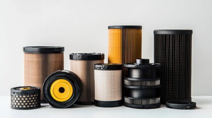 A collection of fuel filters, oil filters, and air filters for engine maintenance on a white isolated background