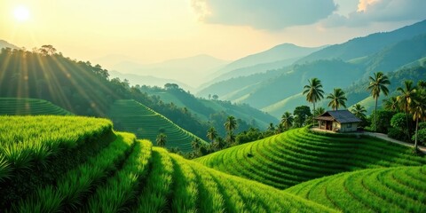 Fototapeta premium Serene Sunrise Illuminates Lush Rice Terraces and a Humble House Nestled Amongst Verdant Hills
