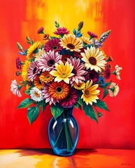 Vibrant bouquet of colorful flowers in vase.

