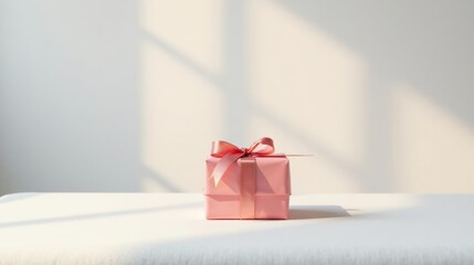 A Delicate Pink Gift Box with a Satin Ribbon, Bathed in Soft Sunlight on a White Surface