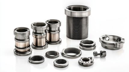 A set of engine cylinder liners and piston rings on a white isolated background