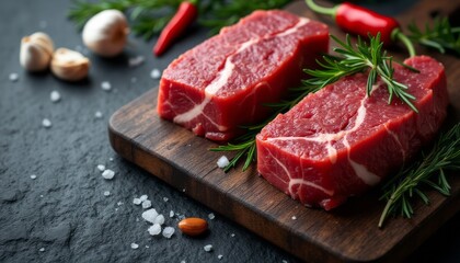 Fototapeta premium Two succulent cuts of marbled beef rest on a dark wooden board, surrounded by fresh herbs and spices. The vibrant red of the meat contrasts beautifully with the greenery, evoking a sense of culinary