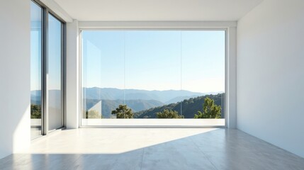Spacious, sunlit interior room with expansive panoramic windows showcasing a breathtaking vista of rolling hills and lush distant woodlands