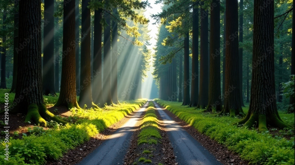 Poster sunlit path through a serene forest of tall trees with lush undergrowth