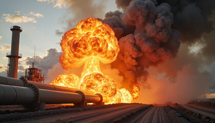 Massive gas explosion creates fireball and smoke at industrial plant, disaster impact