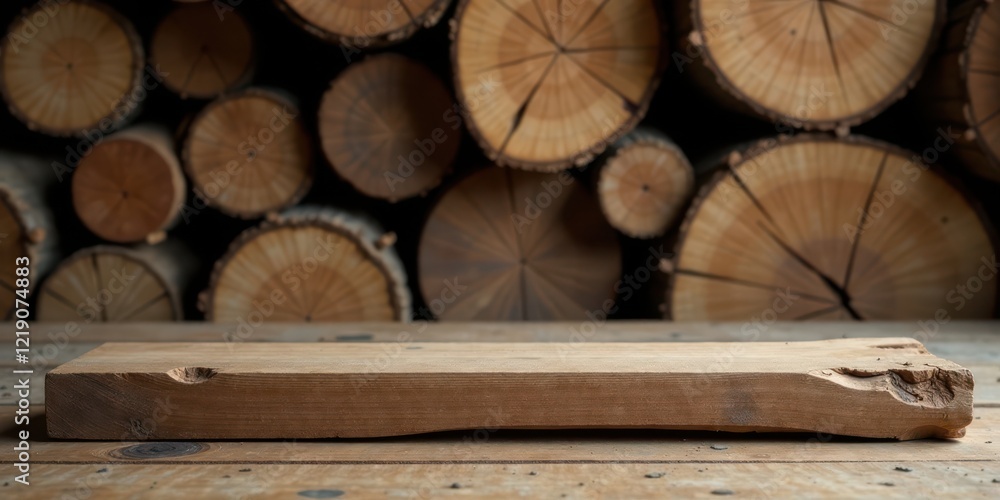 Poster rustic wooden plank display on a wooden table against a background of stacked tree rounds