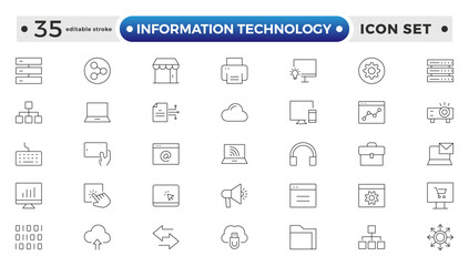 Information technology outline icons set. Set of technology icons. Industry concept factory of the future. Network, web design, website, computer, software, progress. Editable stroke outline icon. 