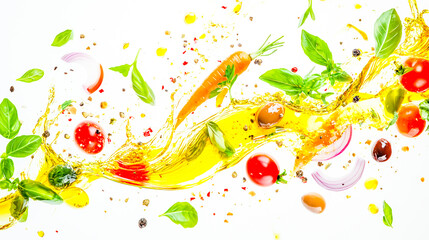 A vibrant splash of olive oil and fresh vegetables, creating an explosion of color on a white background.