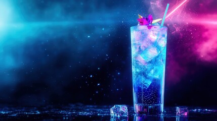 A sleek cocktail glass filled with glowing blue liquid and dissolving ice cubes, surrounded by neon garnishes against a dark futuristic backdrop with light beams.