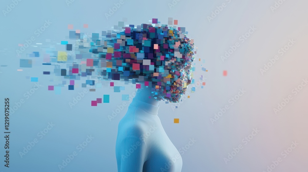 Poster digital girl figure merging with floating pixelated elements in a creative and abstract concept