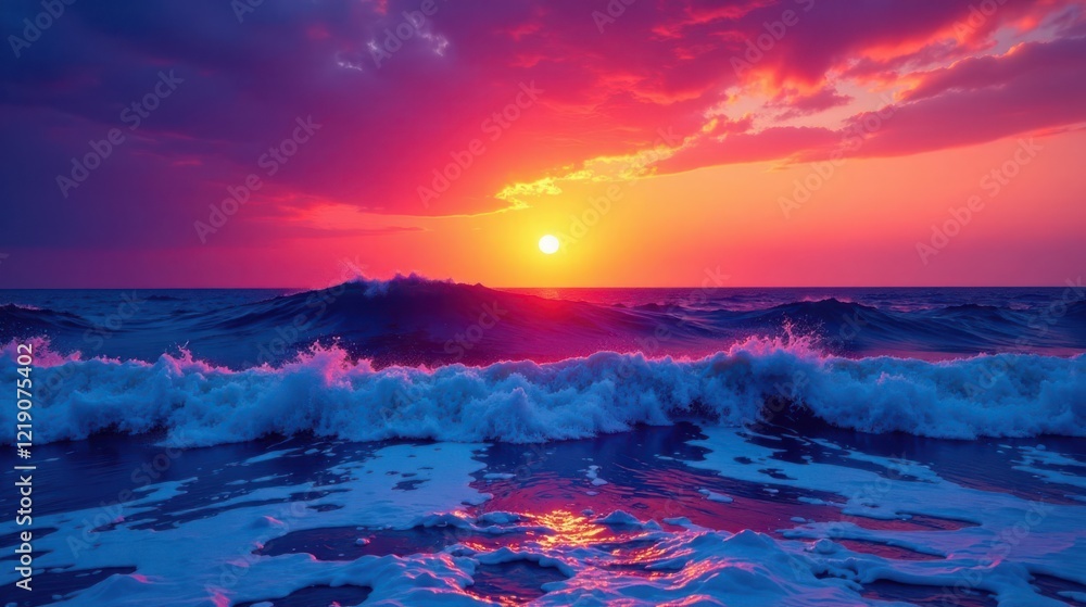 Poster vibrant sunset over a dramatic ocean with crashing waves and sparkling foam