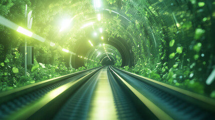 Future Underground transport systems. A blurred background showing tunnels leading to eco-friendly underground transport systems powered by renewable energy sources