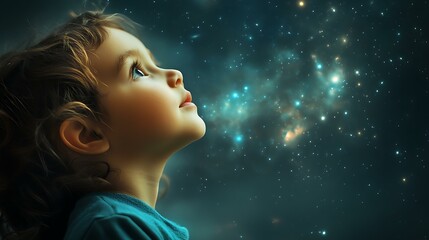 A child looking up at a starry sky with awe and wonder, evoking hope