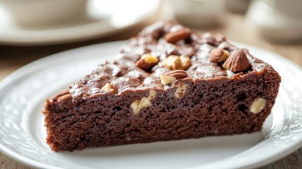 A slice of rich chocolate cake with nuts, on the table, in close-up view, product photography, studio lighting, natural light, delicious-looking, on a white plate, with a bokeh background.