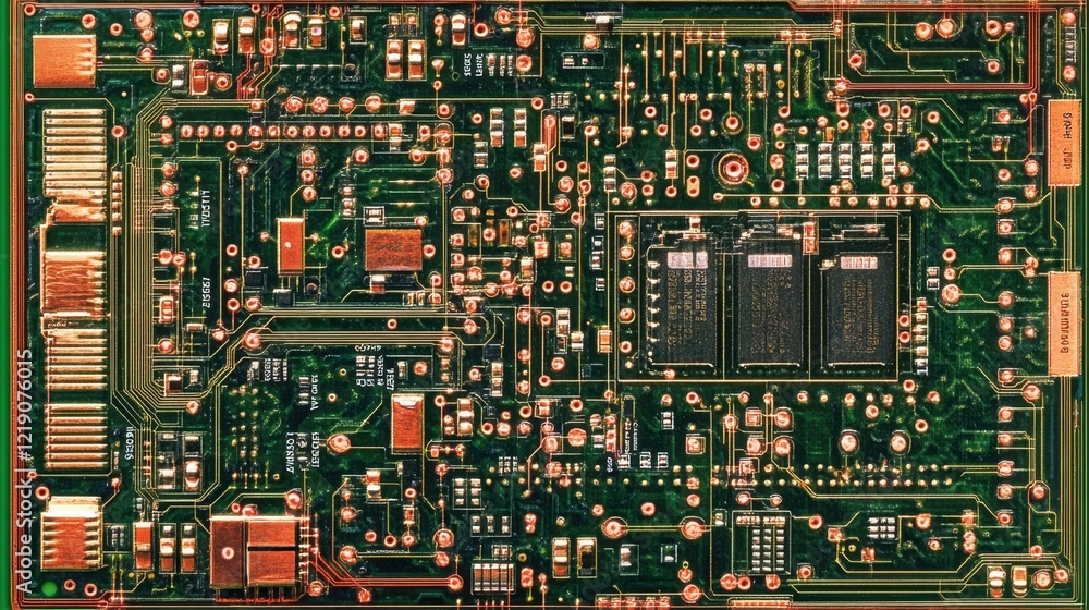 Poster an intricate circuit board design with copper lines and connectors.
