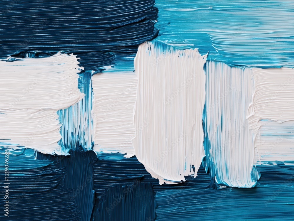 Poster abstract painting featuring layered shades of blue and white, creating a textured and dynamic visual