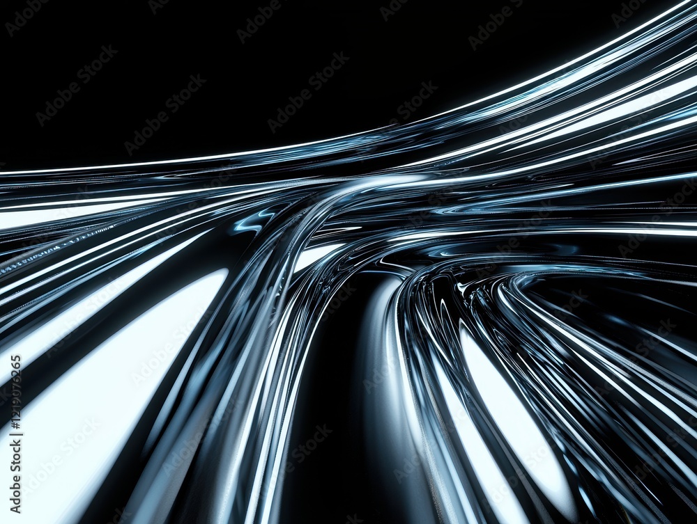 Poster a dynamic, abstract representation of metallic, fluid-like curves set against a dark background, cre