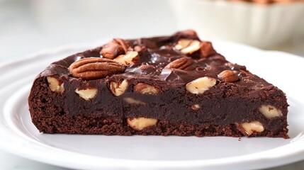 A slice of rich chocolate cake with nuts, on the table, in close-up view, product photography, studio lighting, natural light, delicious-looking, on a white plate, with a bokeh background.