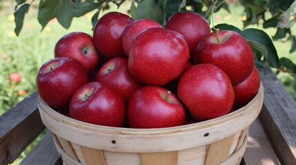 A basket of freshly picked apples sitting on a wooden table in the middle of an orchard.